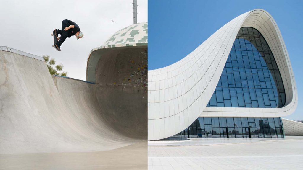 Image composée de deux photo. à Gauche su skateboarder en l'air, au dessus d'une rampe. À gauche, un bâtiment d'architecture moderne dont le toit effectue une grande courbe. Les courbes du toit du bâtiment et de la rampe du skatepark ne font qu'une et créent un effet visuel