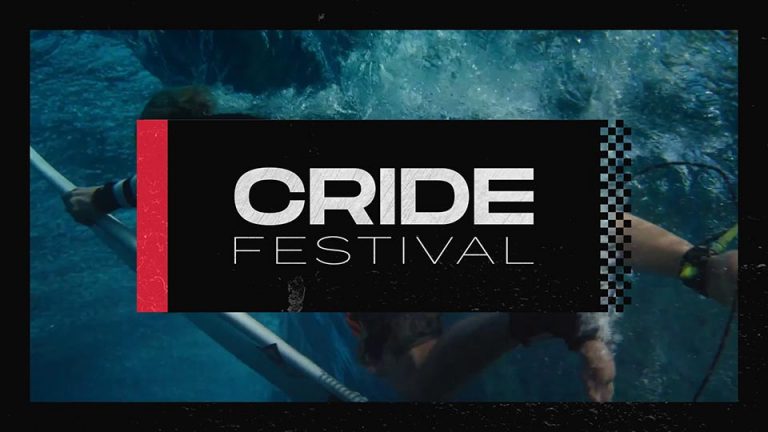 Image d'un surfeur effectuant un canard sous une vague, avec logo du CRIDE Festival au centre.