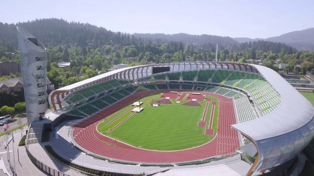 Photo aérienne du Hayward Field, le stade d'athlétisme de l'Université d'Eugene, Oregon.