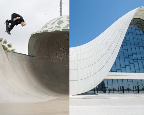 Image composée de deux photo. à Gauche su skateboarder en l'air, au dessus d'une rampe. À gauche, un bâtiment d'architecture moderne dont le toit effectue une grande courbe. Les courbes du toit du bâtiment et de la rampe du skatepark ne font qu'une et créent un effet visuel